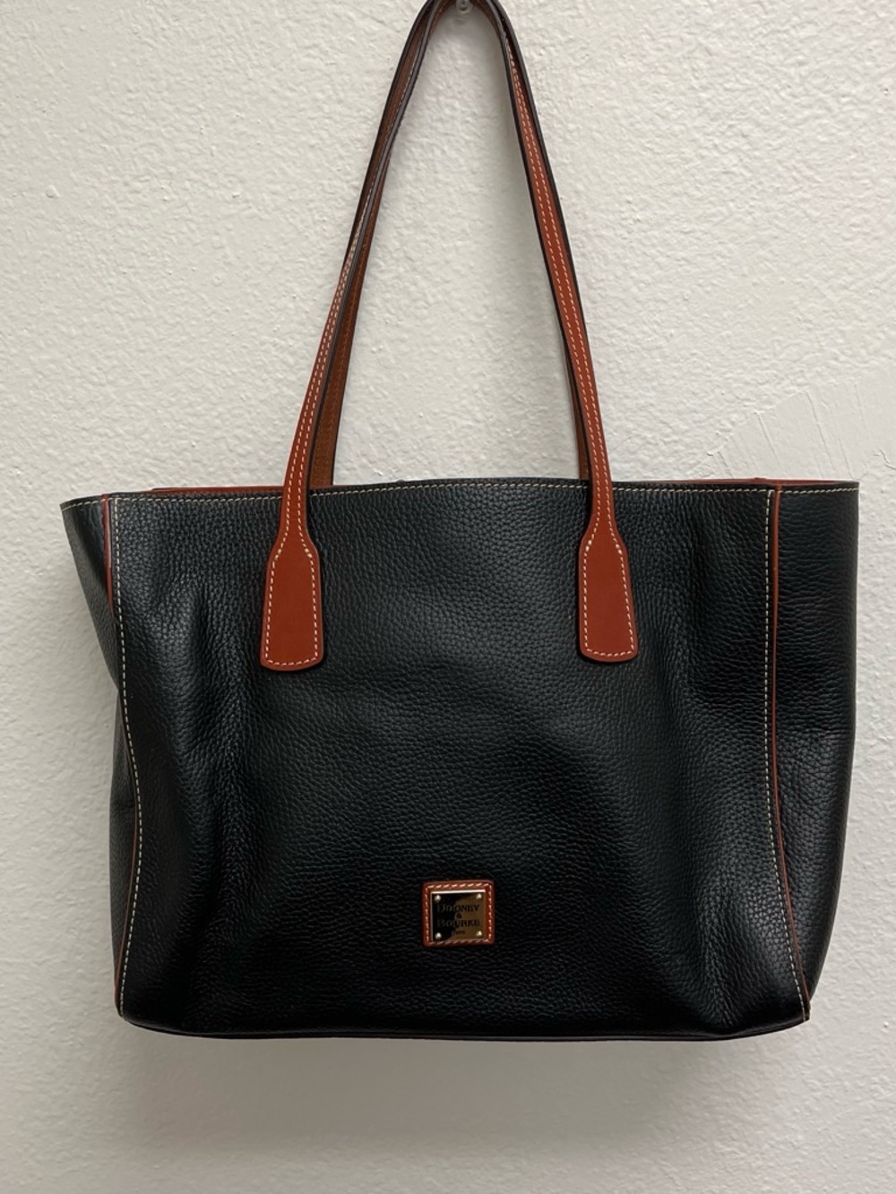 Dooney & Bourke Black Leather Tote with Brown Trim